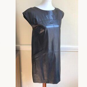 Theory Black Lambskin Leather Mini Shift Dress